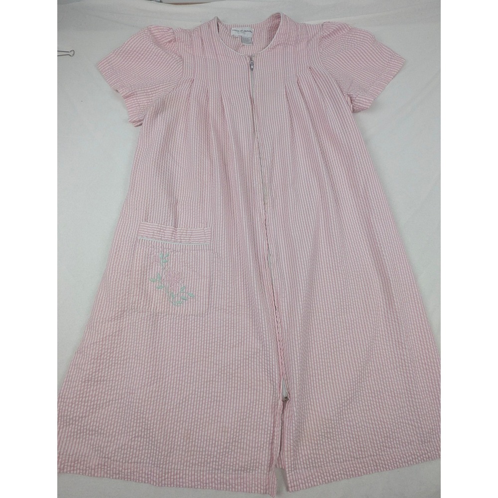 Miss Elaine At Home Pink White Seersucker Zip Front Robe Embroidered Pocket L